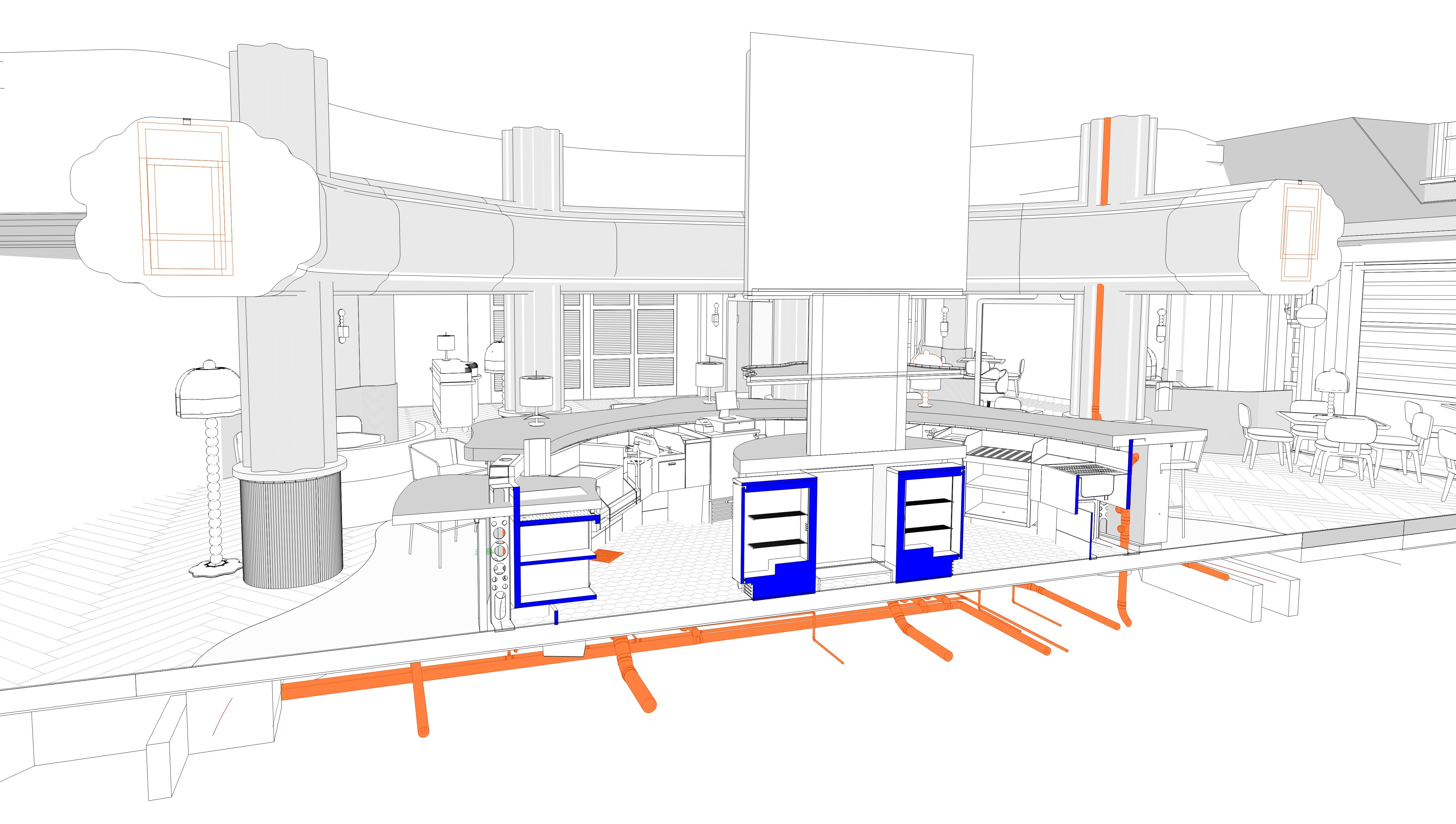 Revit cut section through a hospitality bar showing millwork and MEP routing
